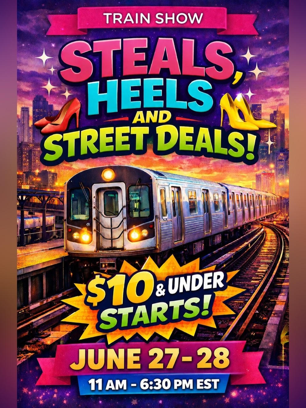 🔥 Steals, Heels and Street Deals! Train Show flyer 10$ Under 🔥